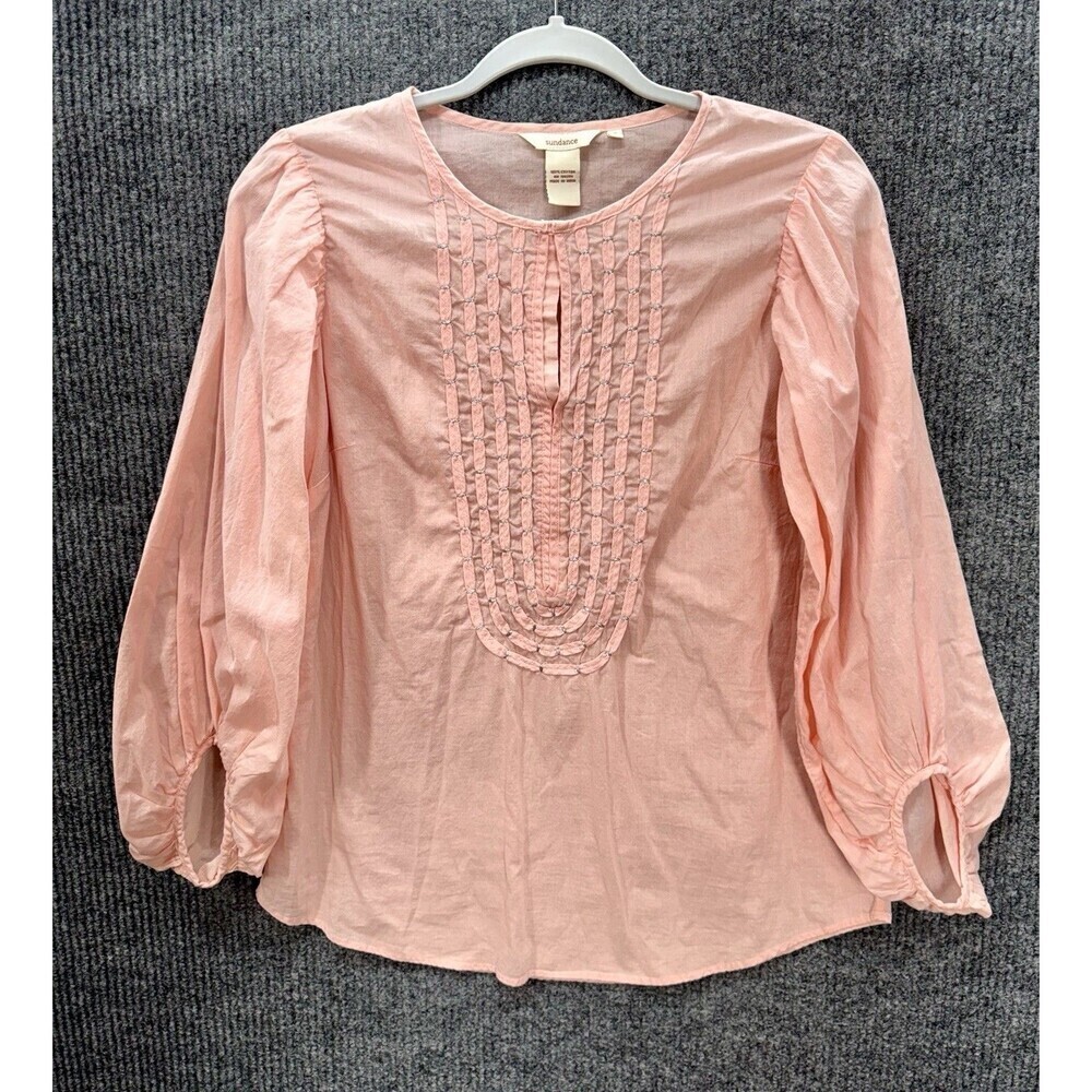 Sundance Pintuck Cotton Top Womens Small Pink Metallic Puff Sleeve Keyhole Neck - Picture 1 of 8